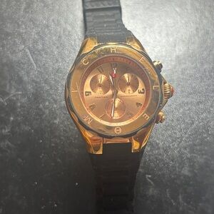 Michele Tahitian Chronograph Watch Gold Tone Black Rubber Women’s